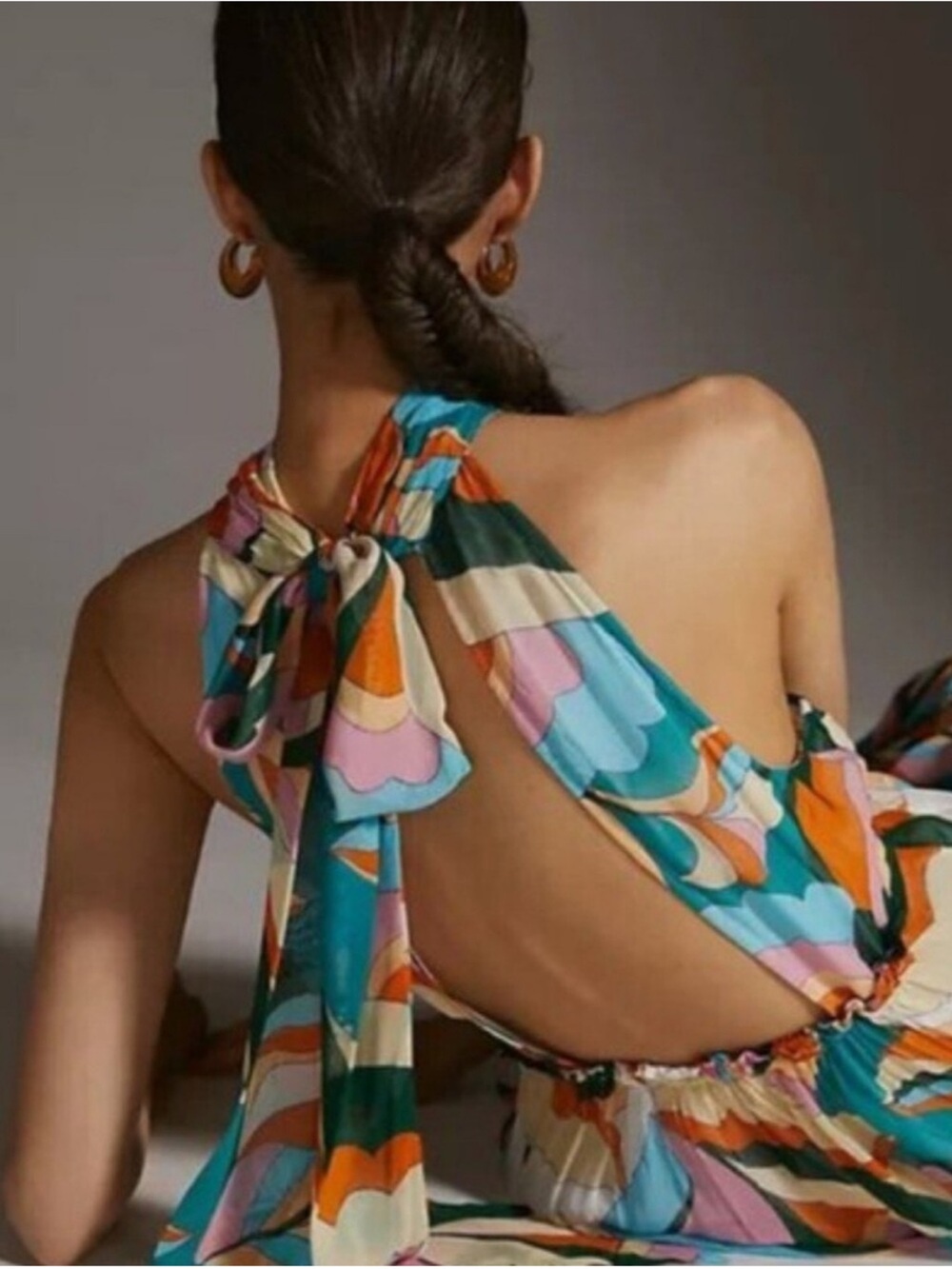 Anthropologie Maeve Backless Halter Maxi Dress in Teal, Orange, Pink, Cream